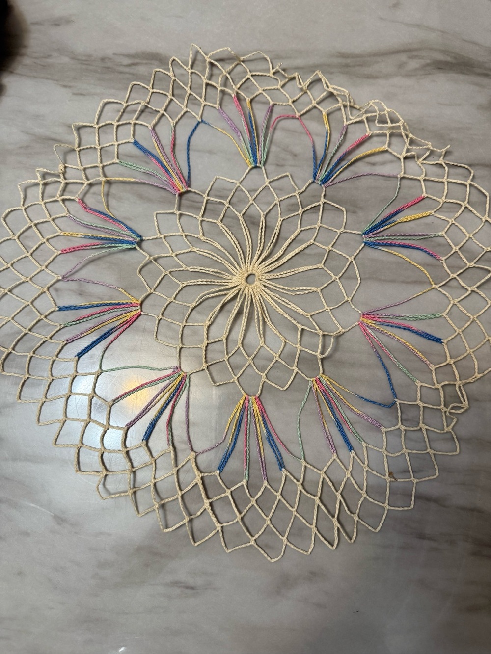 Round Floral Lace Doily, Beige with Multicolor Thread Accents